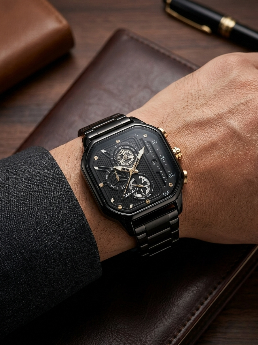 BASID "Phantom" Stealth Black Chronograph – Luxury Men's Square Watch | Full Stainless Steel Chain | Industrial Skeleton Dial | Premium Business & Sports Timepiece
