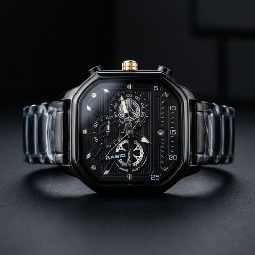 BASID "Phantom" Stealth Black Chronograph – Luxury Men's Square Watch