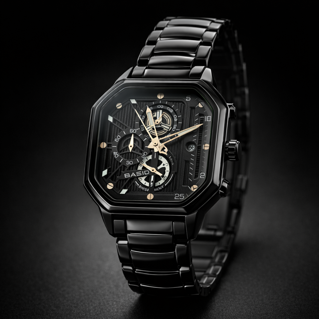 BASID "Phantom" Stealth Black Chronograph – Luxury Men's Square Watch | Full Stainless Steel Chain | Industrial Skeleton Dial | Premium Business & Sports Timepiece