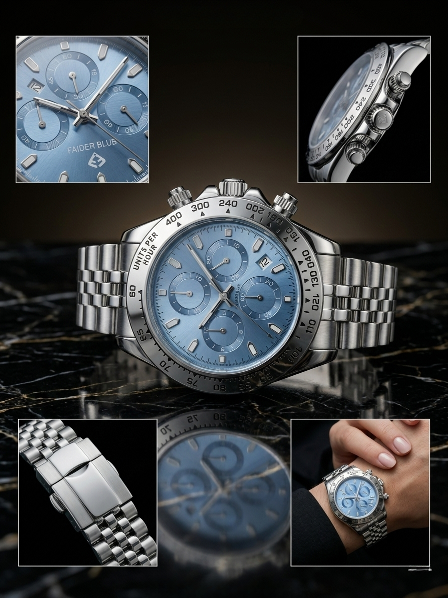 Fander Blue Luxury Chronograph – Sky Blue Dial & Silver Jubilee Edition