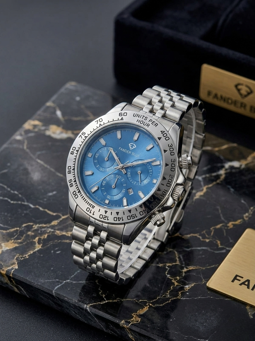 Fander Blue Luxury Chronograph – Sky Blue Dial & Silver Jubilee Edition