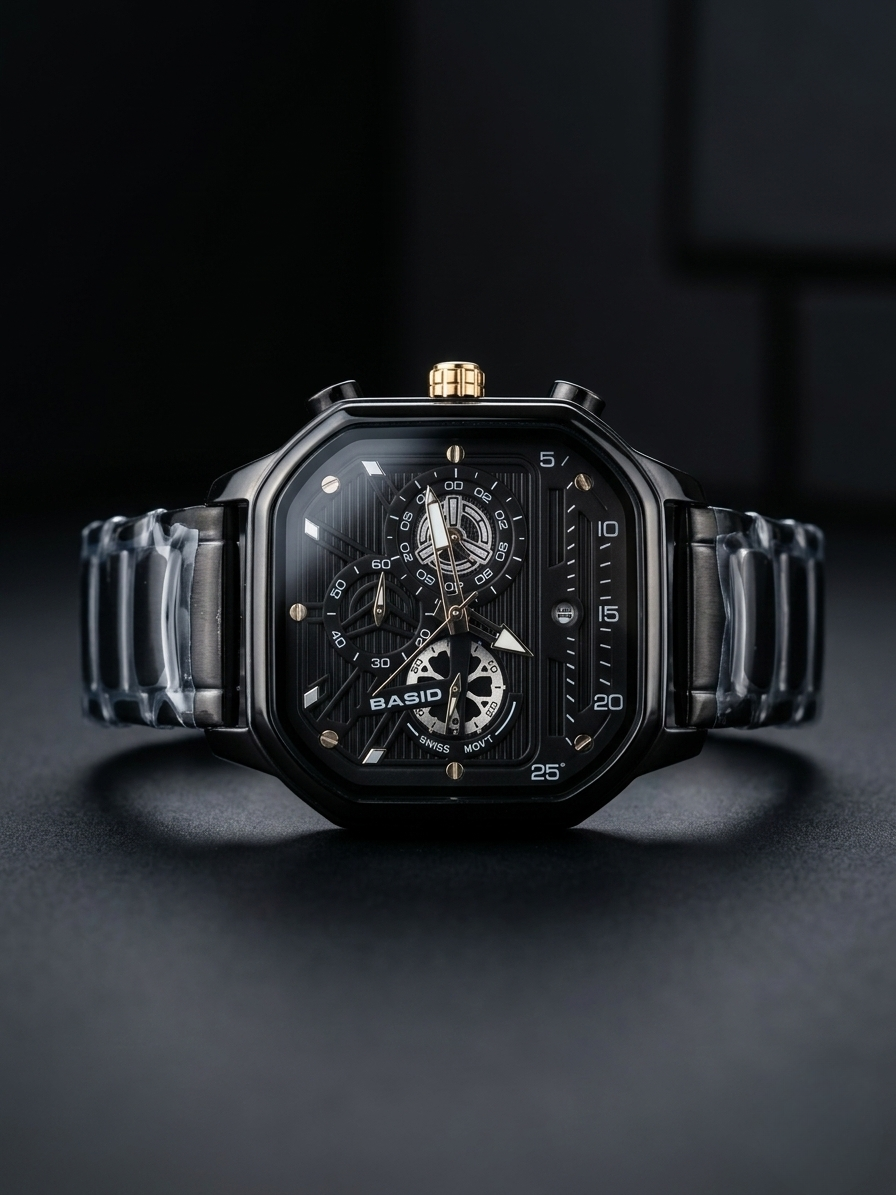 BASID "Phantom" Stealth Black Chronograph – Luxury Men's Square Watch | Full Stainless Steel Chain | Industrial Skeleton Dial | Premium Business & Sports Timepiece