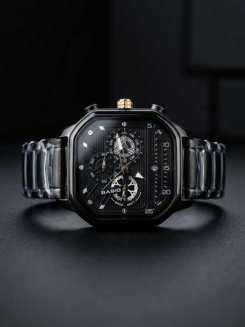 BASID "Phantom" Stealth Black Chronograph – Luxury Men's Square Watch | Full Stainless Steel Chain | Industrial Skeleton Dial | Premium Business & Sports Timepiece